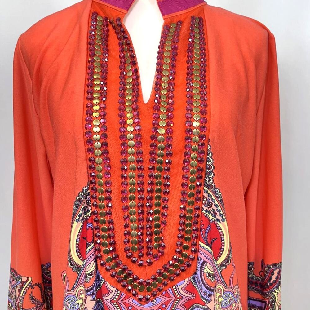Calessa V neck embellished long sleeve dress tunic orange womens L - Picture 2 of 11
